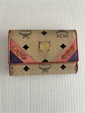 MCM Visetos Vintage-Style Tri-fold Leather Tan Pink and Purple Studded Wallet
